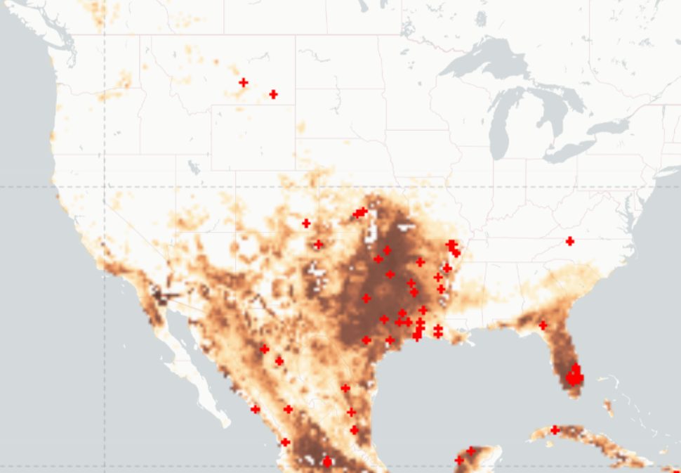 Active fire detections across the United States and Mexico, drawn as red crosses over a drought layer running cream where the ground holds water and dark brown across the drought-hit interior and the Gulf coast.